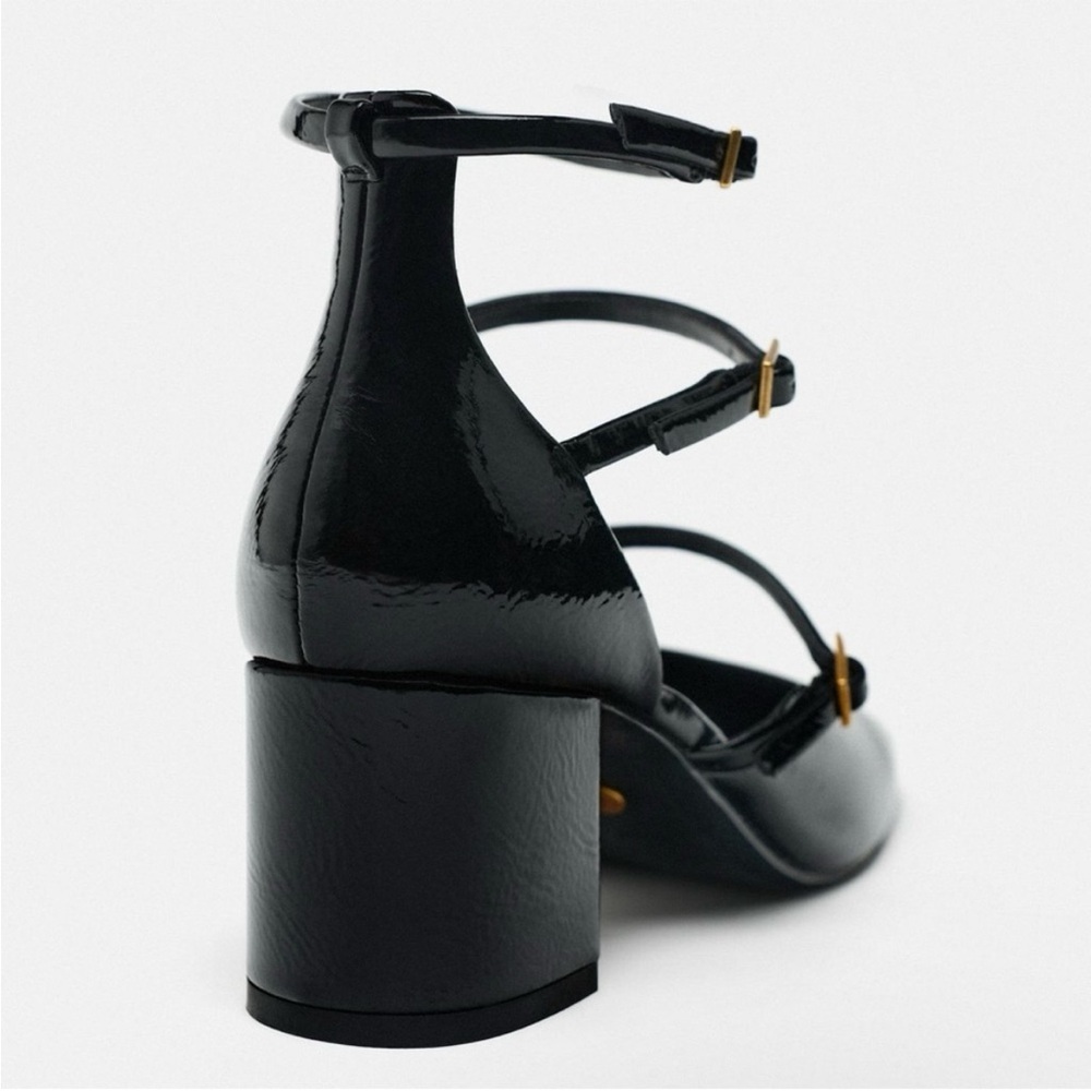 Zara Glossy Black Patent Strappy Heels — Square Toe, Ankle Tie, Size 6 - Picture 3 of 6